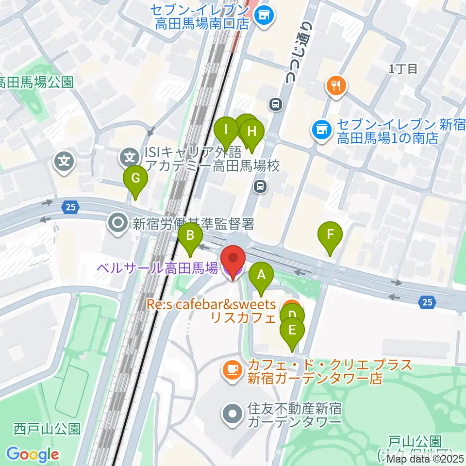 ベルサール高田馬場周辺のファミレス・ファーストフード一覧地図
