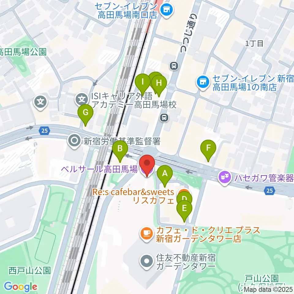 ベルサール高田馬場周辺のファミレス・ファーストフード一覧地図