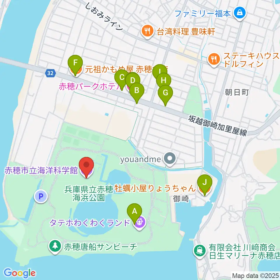赤穂の天塩海洋科学館・塩の国周辺のファミレス・ファーストフード一覧地図