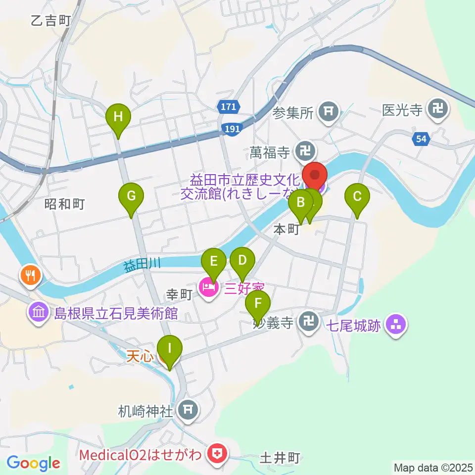益田市立歴史文化交流館れきしーな周辺のファミレス・ファーストフード一覧地図