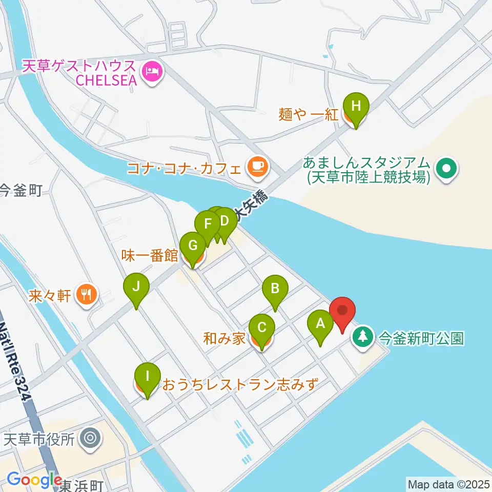 天草市立本渡歴史民俗資料館周辺のファミレス・ファーストフード一覧地図
