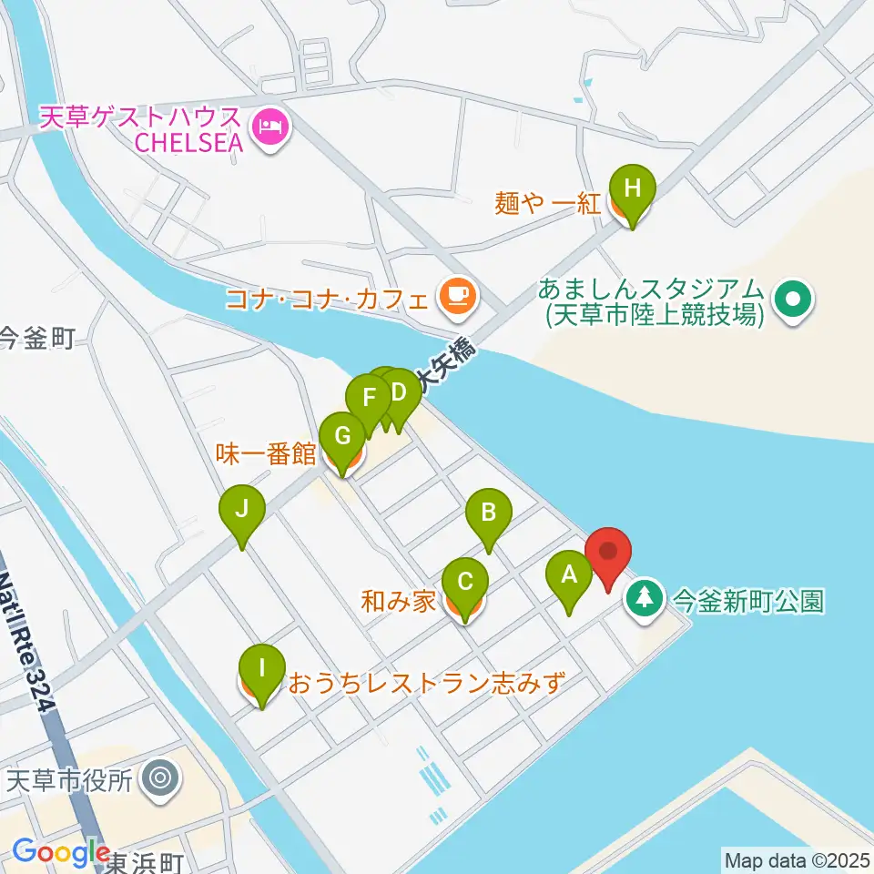 天草市立本渡歴史民俗資料館周辺のファミレス・ファーストフード一覧地図