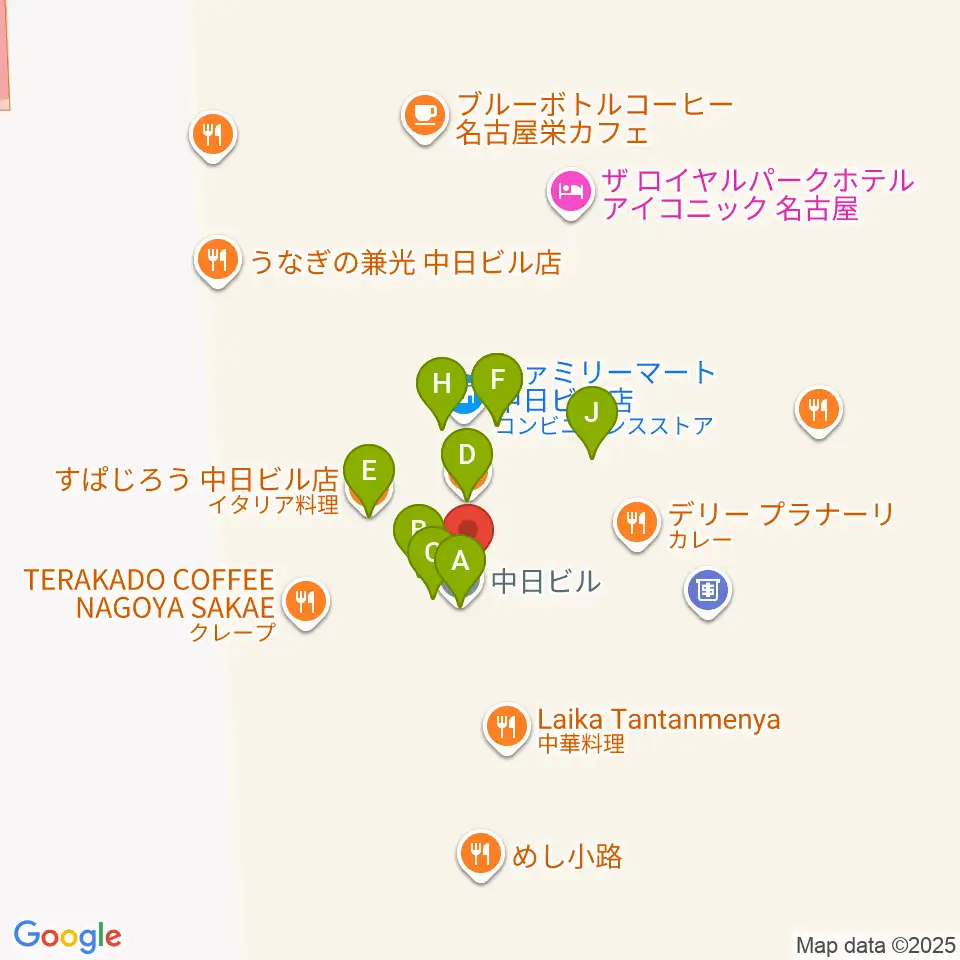 中日ホール周辺のファミレス・ファーストフード一覧地図