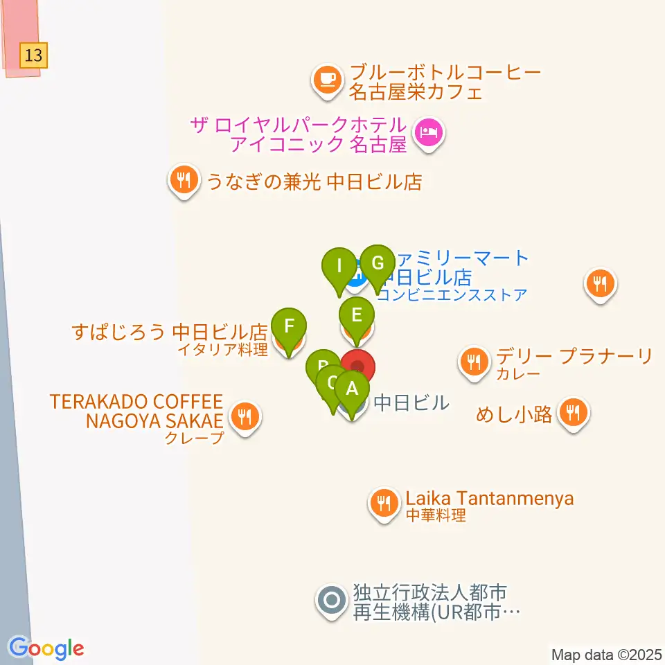 中日ホール周辺のファミレス・ファーストフード一覧地図