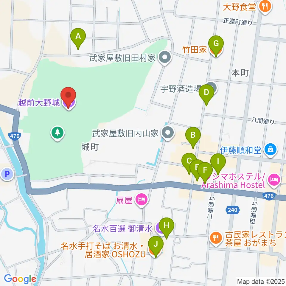 越前大野城周辺のファミレス・ファーストフード一覧地図