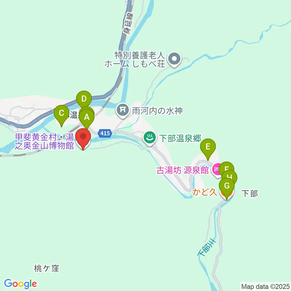 甲斐黄金村・湯之奥金山博物館周辺のファミレス・ファーストフード一覧地図