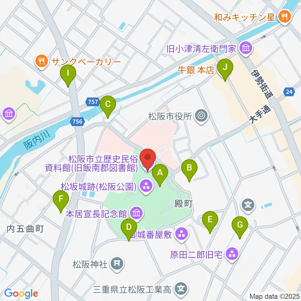 松阪市立歴史民俗資料館周辺のファミレス・ファーストフード一覧地図