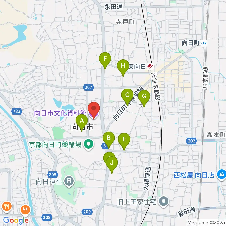 向日市文化資料館周辺のファミレス・ファーストフード一覧地図