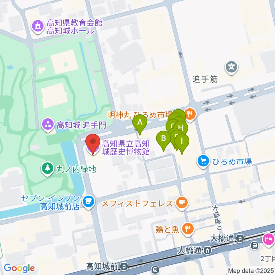 高知県立高知城歴史博物館周辺のファミレス・ファーストフード一覧地図