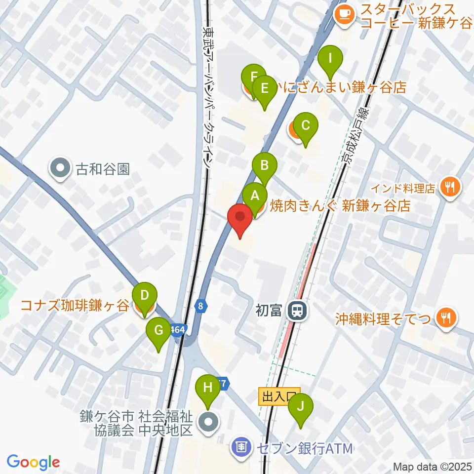 鎌ヶ谷市郷土資料館周辺のファミレス・ファーストフード一覧地図