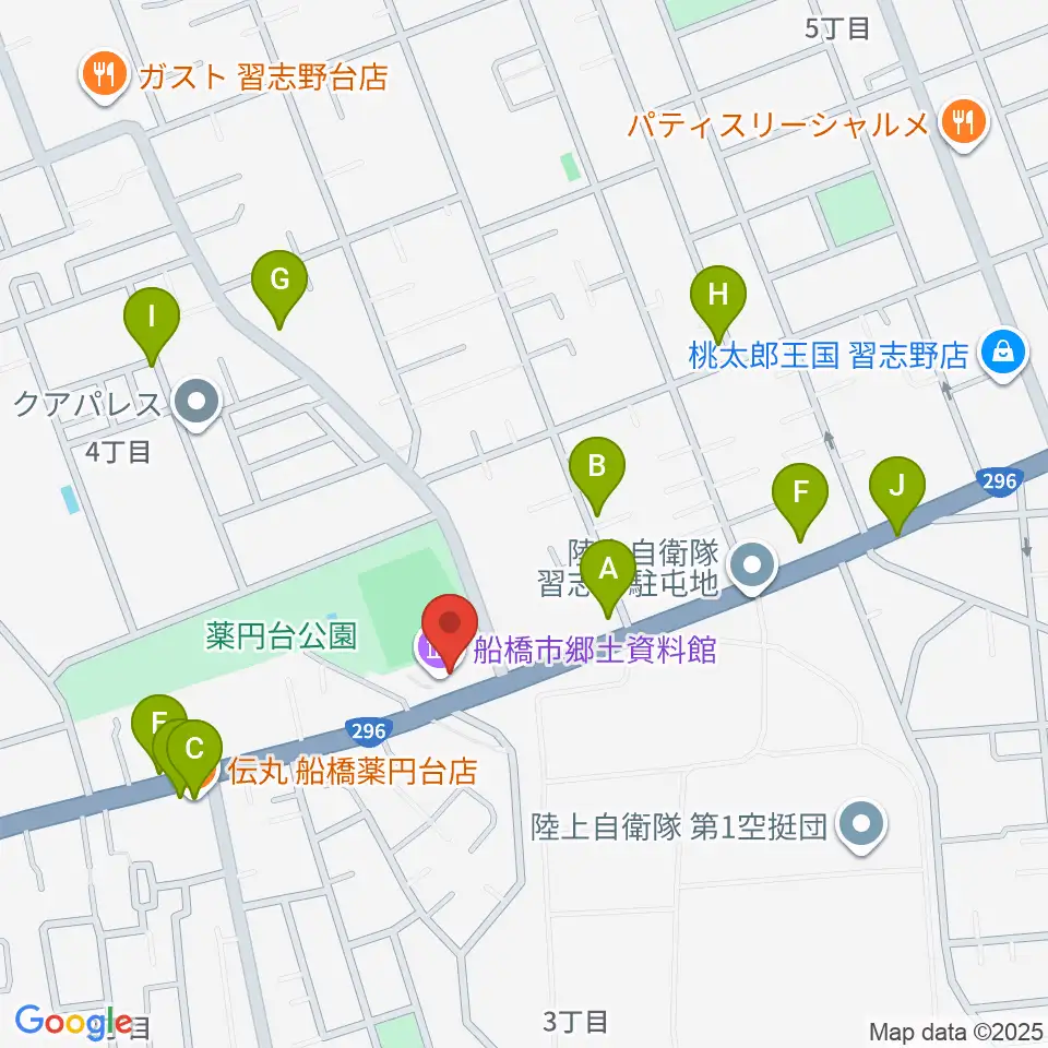 船橋市郷土資料館周辺のファミレス・ファーストフード一覧地図