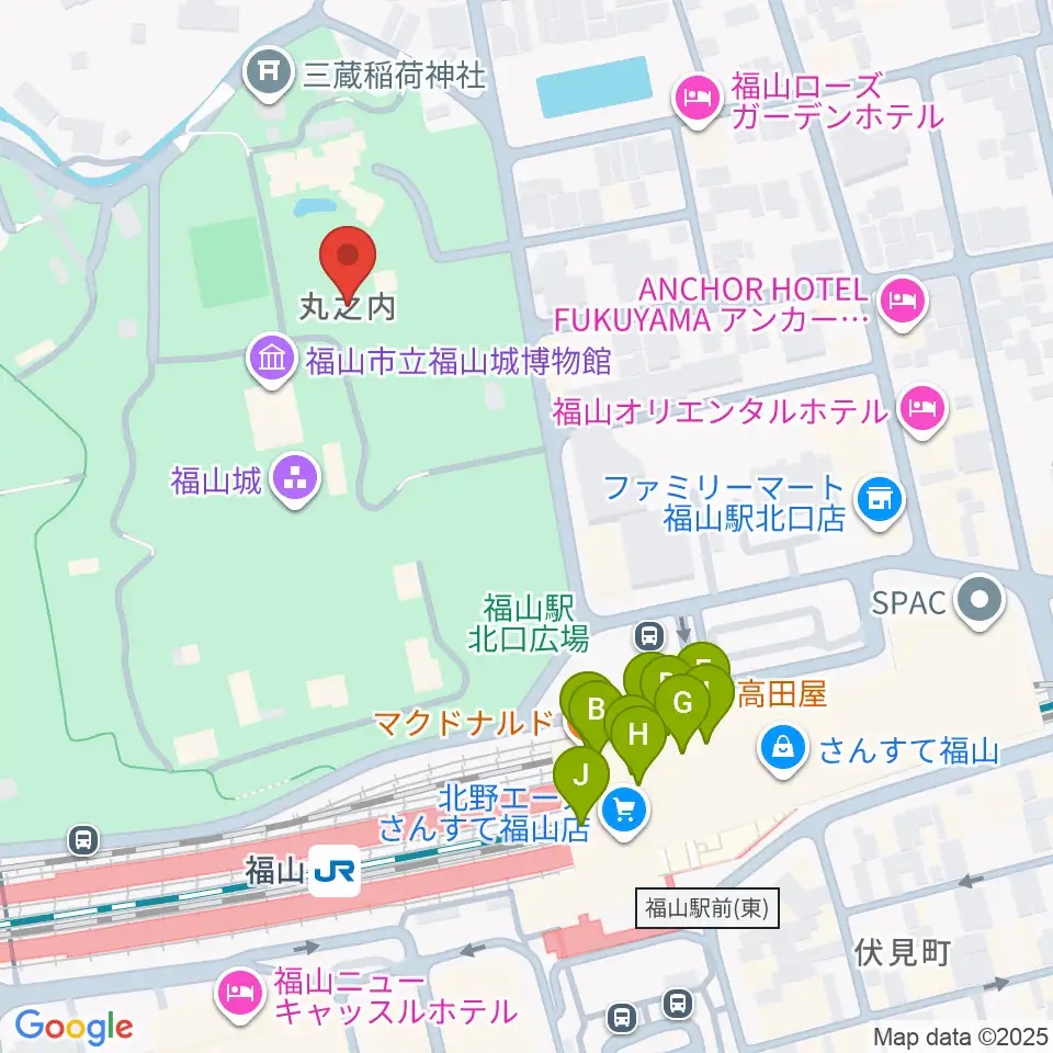 福山城博物館周辺のファミレス・ファーストフード一覧地図
