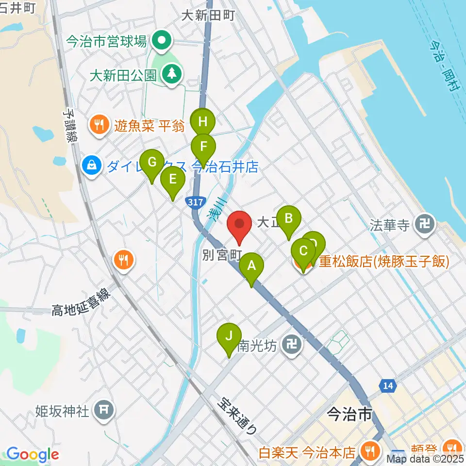 今治市中央体育館周辺のファミレス・ファーストフード一覧地図