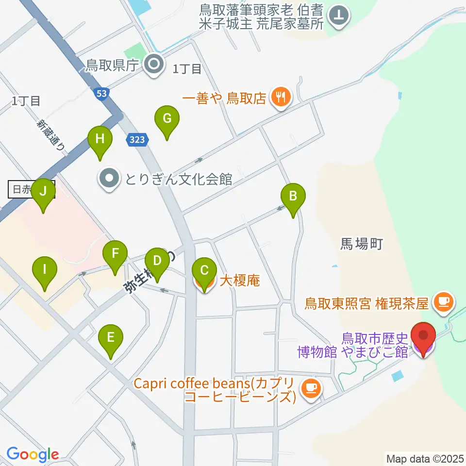 鳥取市歴史博物館周辺のファミレス・ファーストフード一覧地図