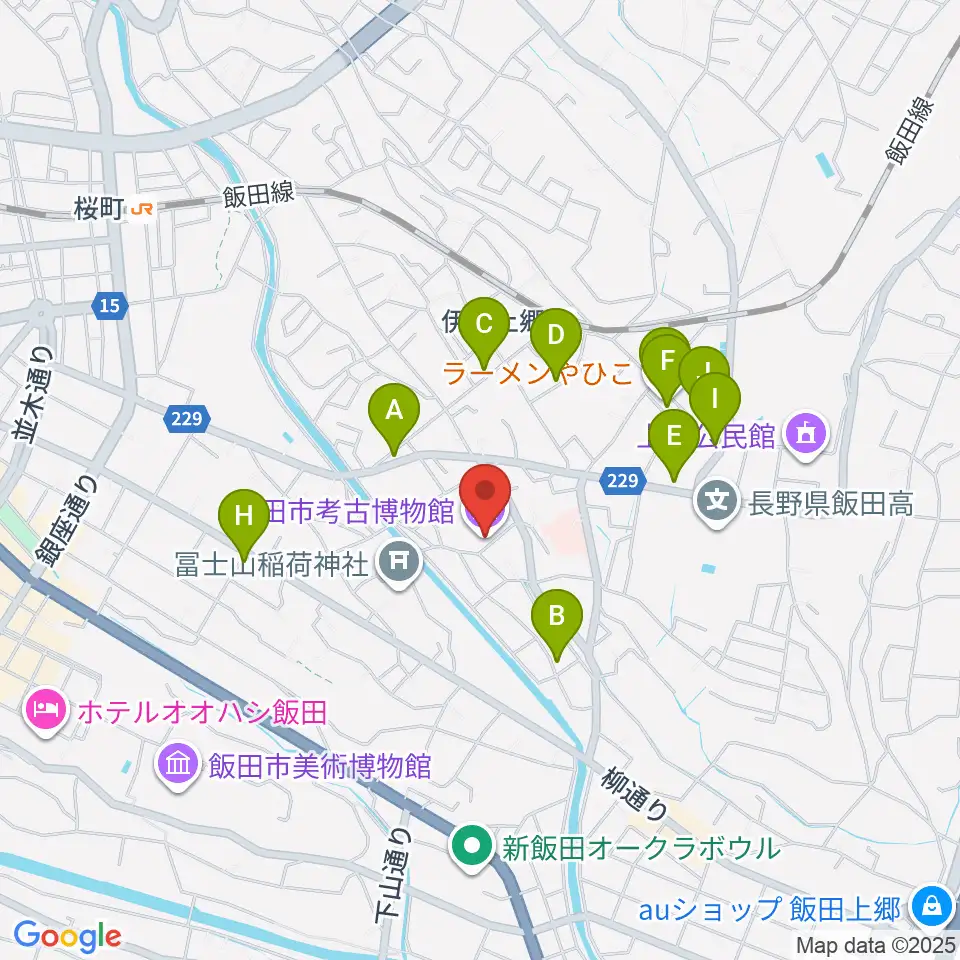 飯田市考古博物館周辺のファミレス・ファーストフード一覧地図