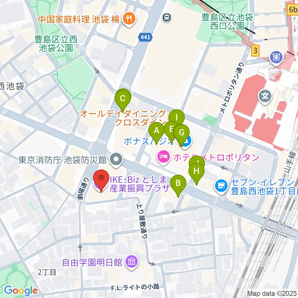 豊島区立郷土資料館周辺のファミレス・ファーストフード一覧地図