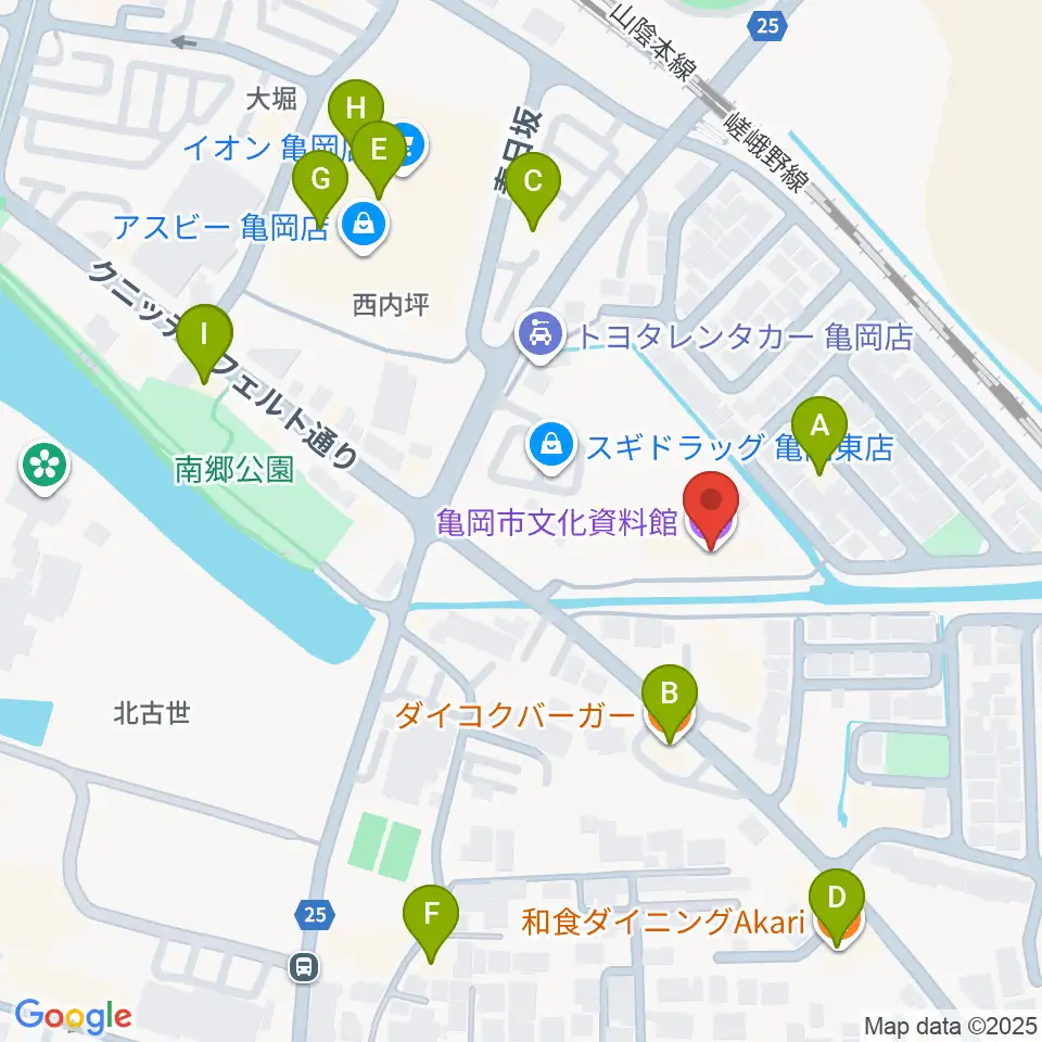 亀岡市文化資料館周辺のファミレス・ファーストフード一覧地図