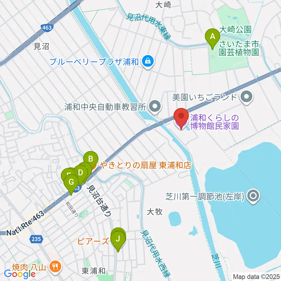 浦和くらしの博物館民家園周辺のファミレス・ファーストフード一覧地図