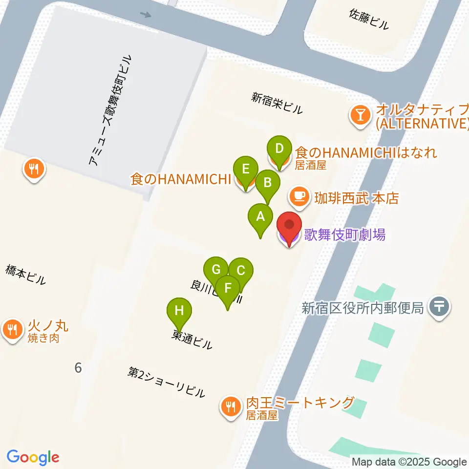 歌舞伎町劇場周辺のファミレス・ファーストフード一覧地図