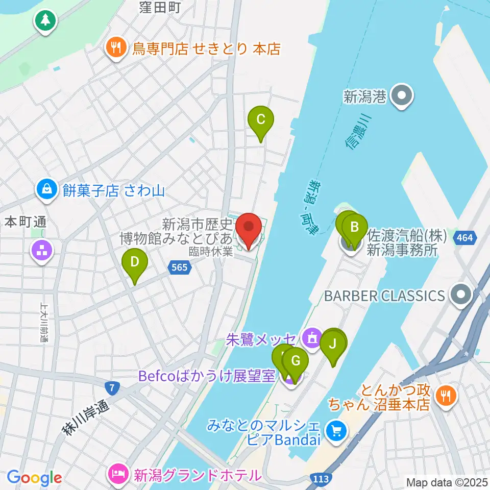 新潟市歴史博物館周辺のファミレス・ファーストフード一覧地図