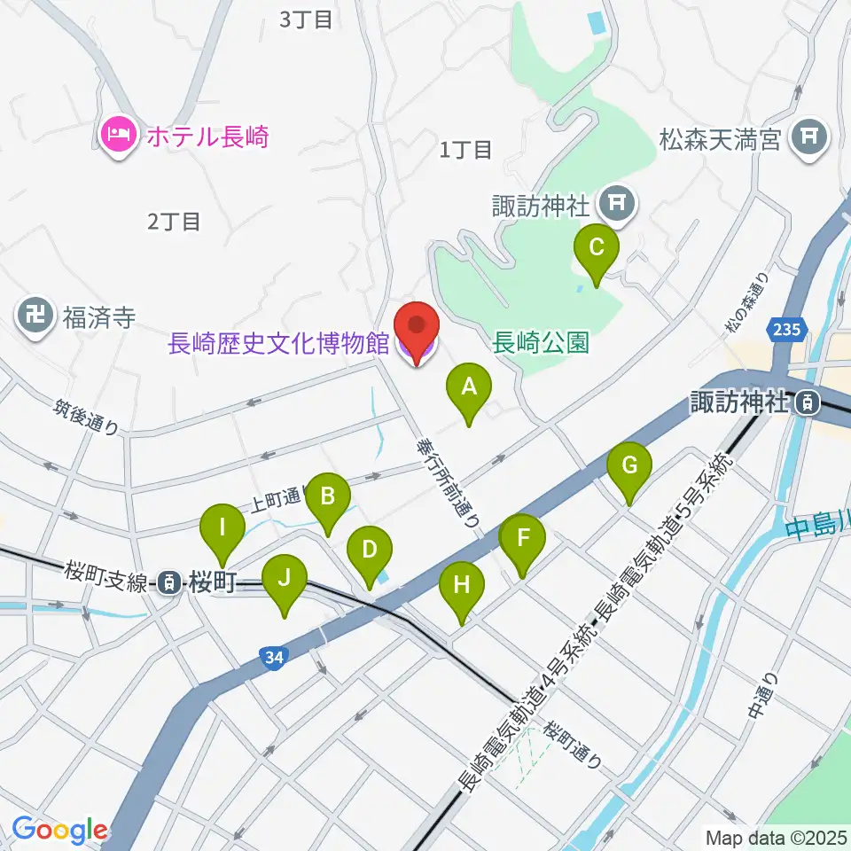 長崎歴史文化博物館周辺のファミレス・ファーストフード一覧地図