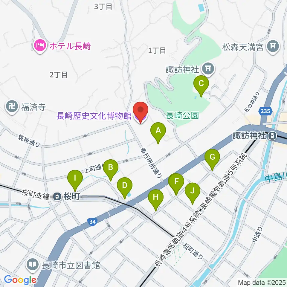 長崎歴史文化博物館周辺のファミレス・ファーストフード一覧地図