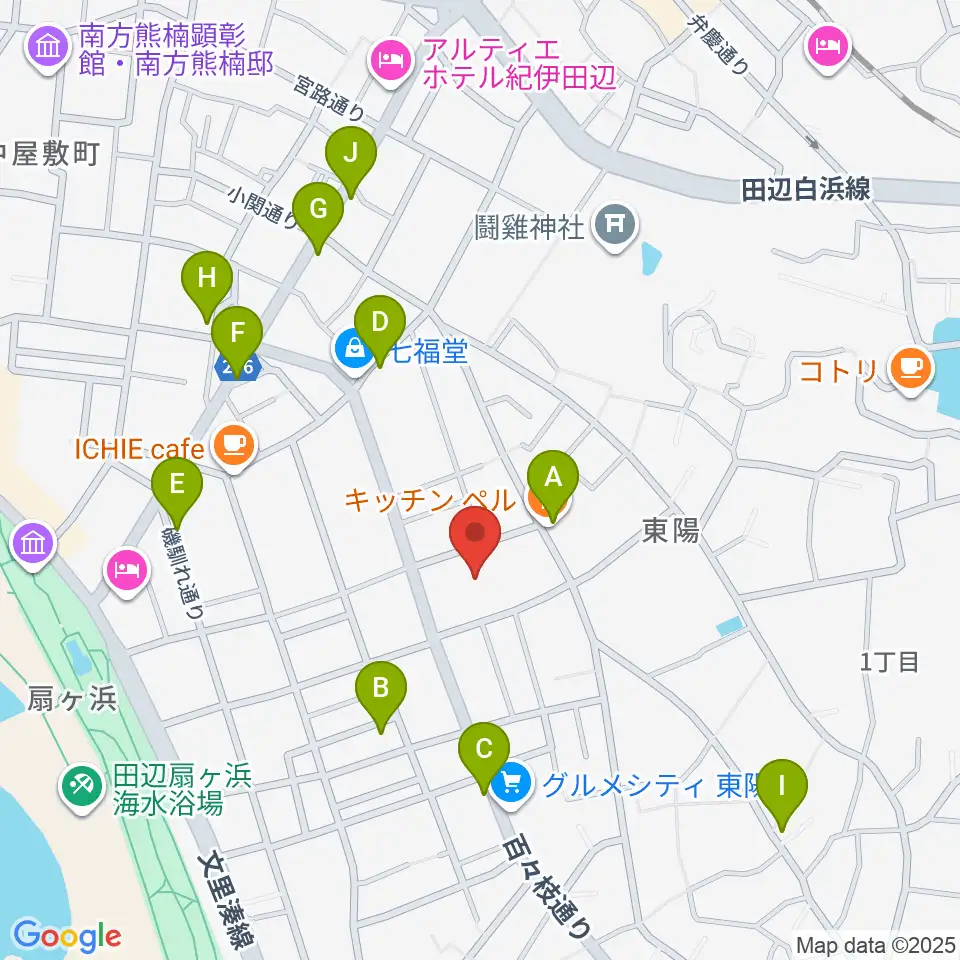 田辺市立歴史民俗資料館周辺のファミレス・ファーストフード一覧地図