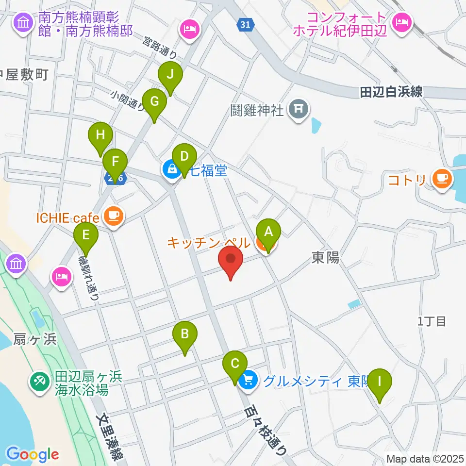 田辺市立歴史民俗資料館周辺のファミレス・ファーストフード一覧地図