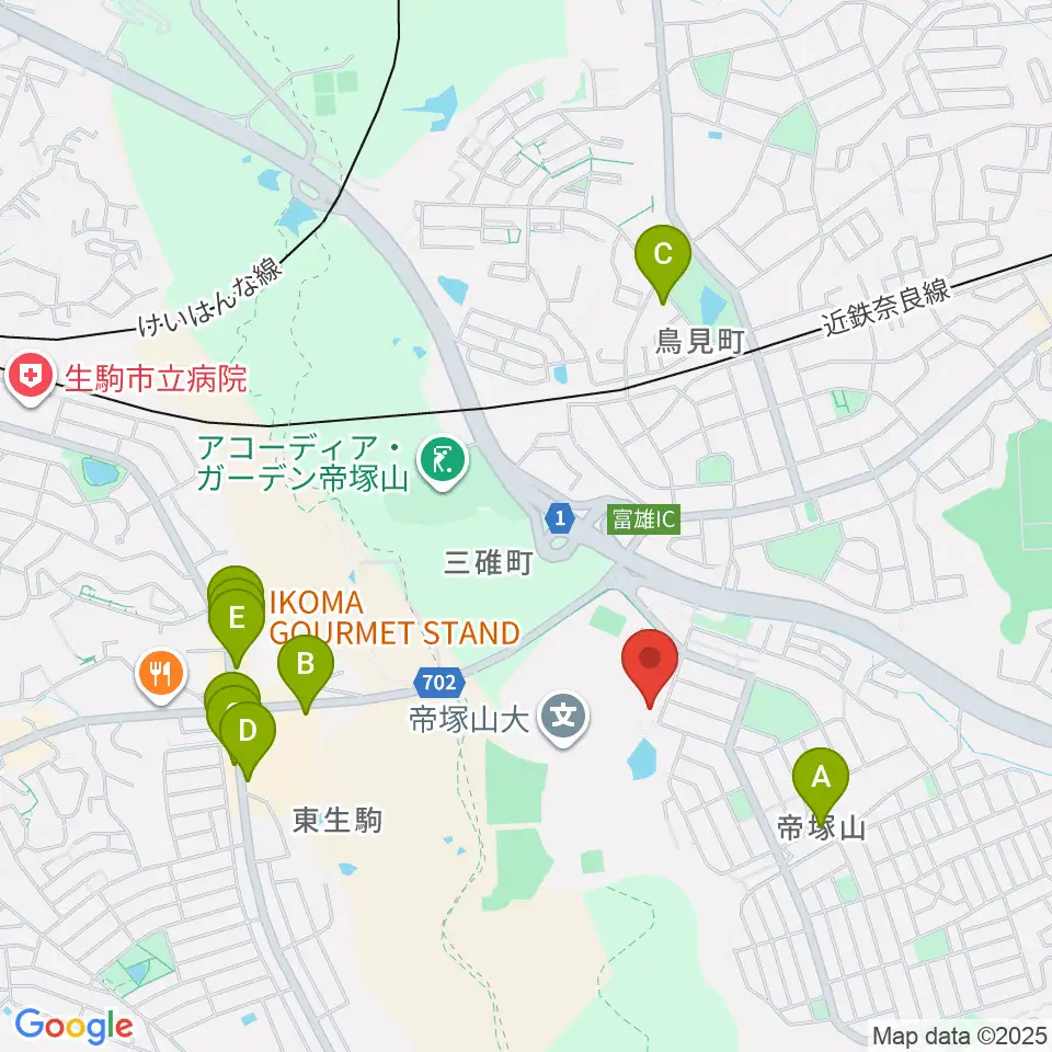 帝塚山大学附属博物館周辺のファミレス・ファーストフード一覧地図