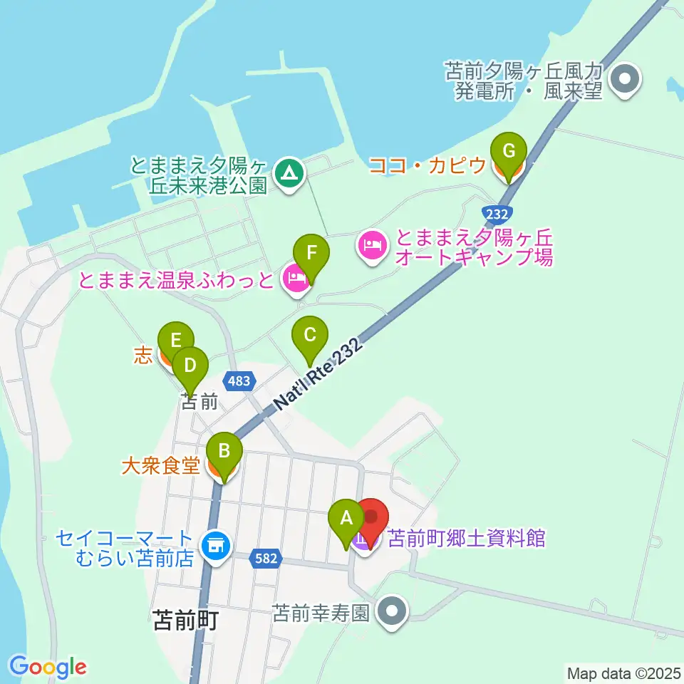 苫前町郷土資料館周辺のファミレス・ファーストフード一覧地図