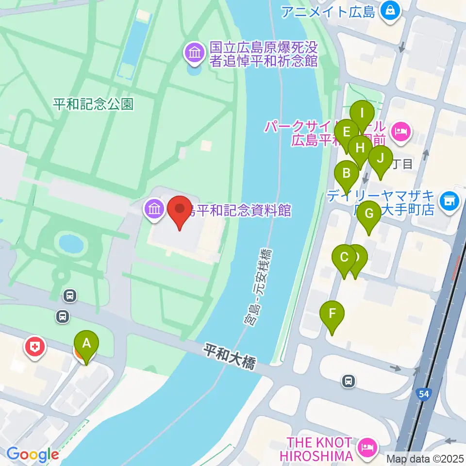 広島平和記念資料館周辺のファミレス・ファーストフード一覧地図