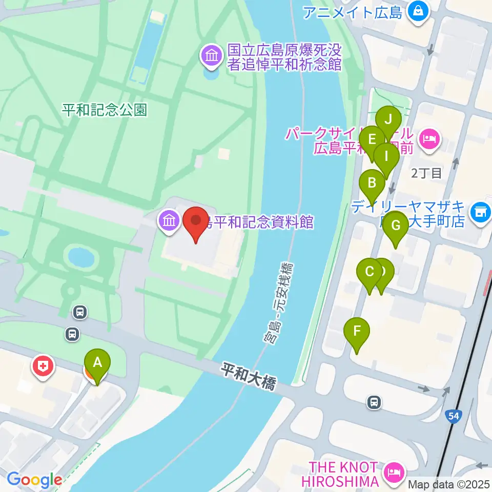 広島平和記念資料館周辺のファミレス・ファーストフード一覧地図