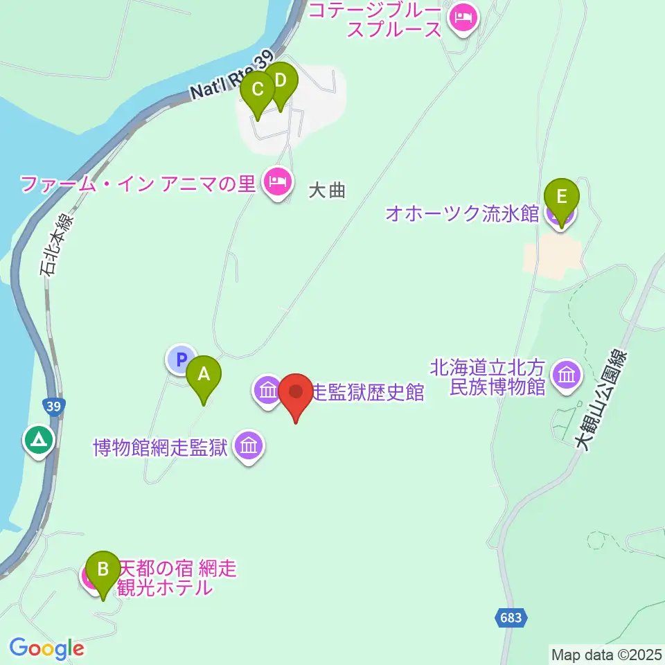 博物館網走監獄周辺のファミレス・ファーストフード一覧地図