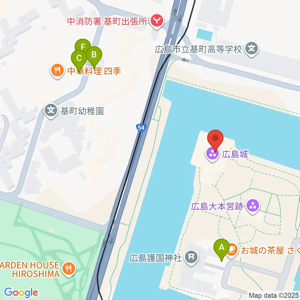 広島城天守周辺のファミレス・ファーストフード一覧地図