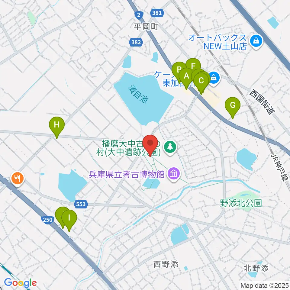 播磨町郷土資料館周辺のファミレス・ファーストフード一覧地図