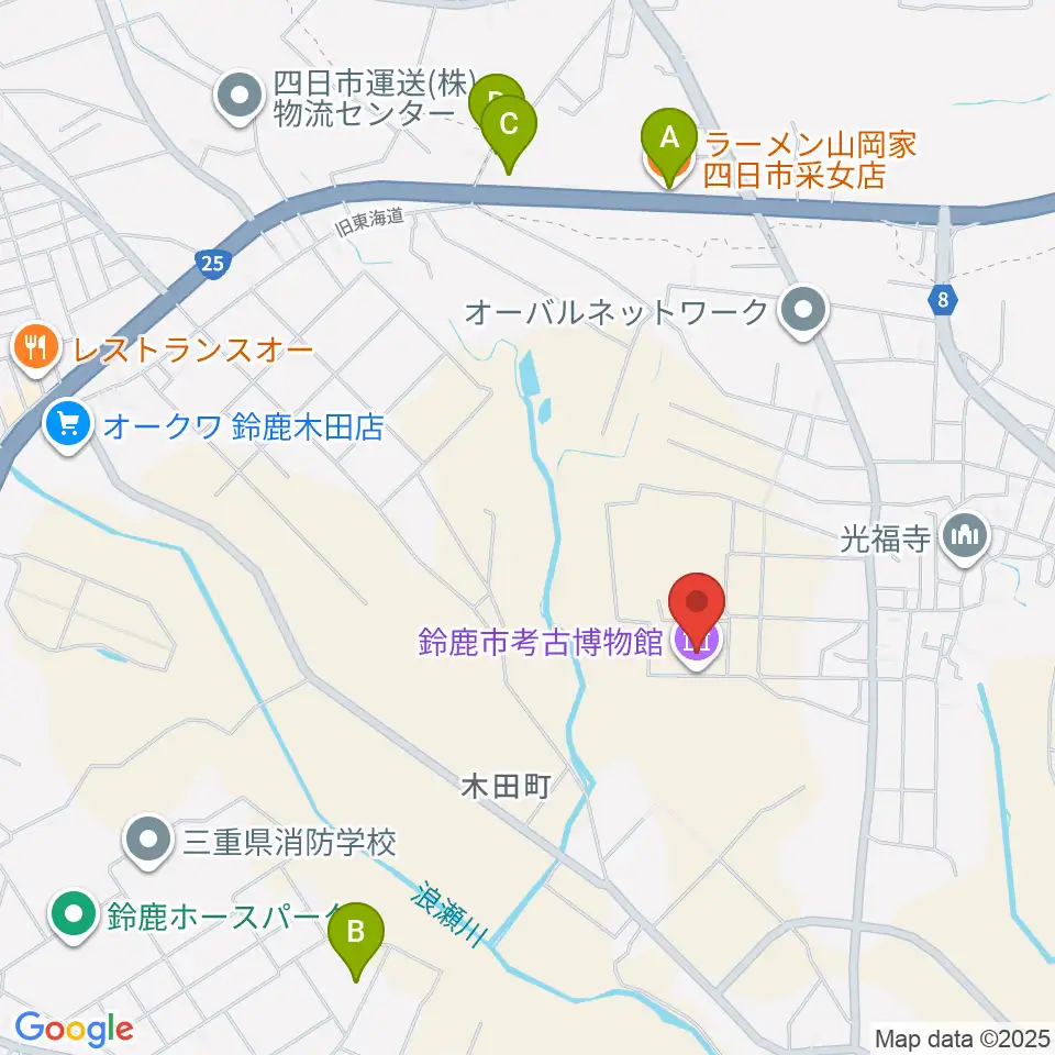鈴鹿市考古博物館周辺のファミレス・ファーストフード一覧地図