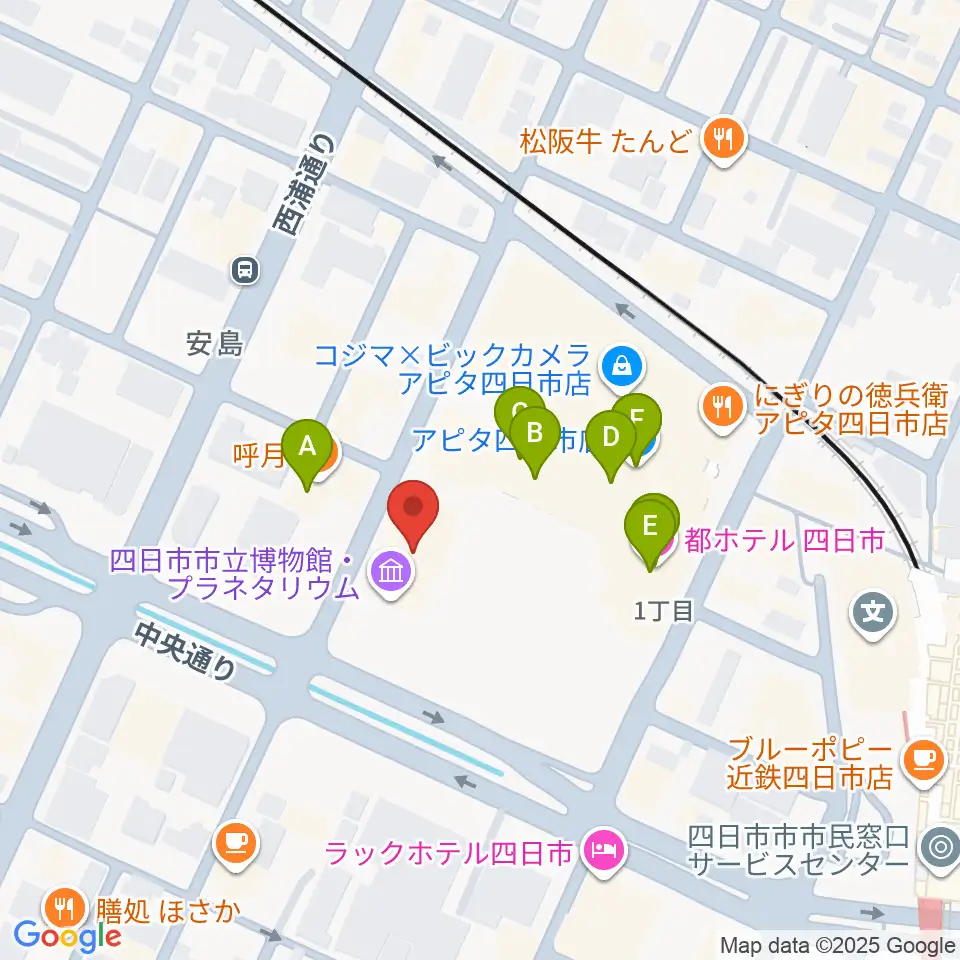 四日市市立博物館周辺のファミレス・ファーストフード一覧地図