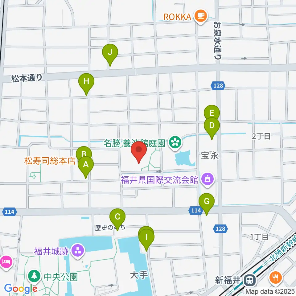 福井市立郷土歴史博物館周辺のファミレス・ファーストフード一覧地図