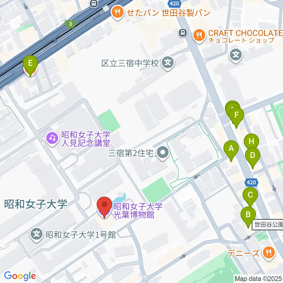 昭和女子大学光葉博物館周辺のファミレス・ファーストフード一覧地図