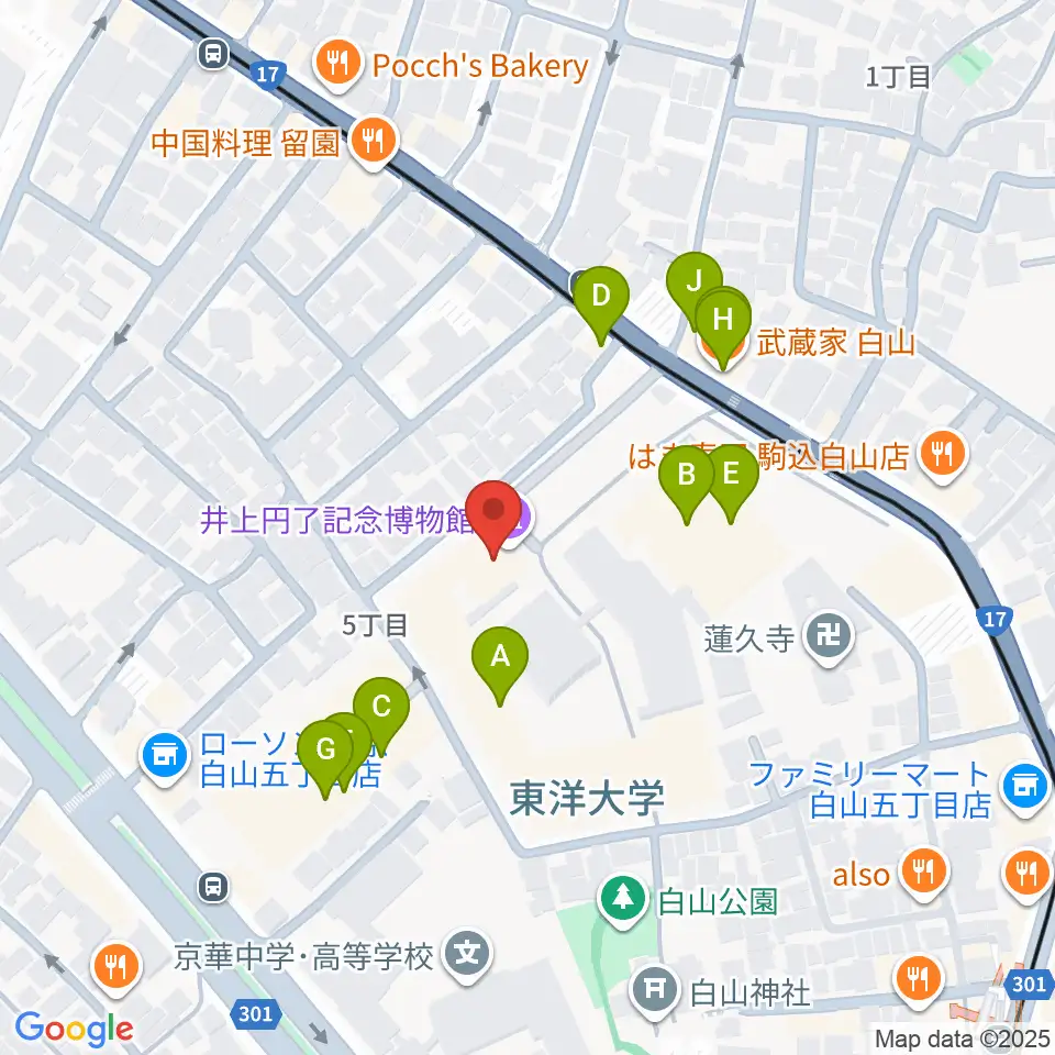 東洋大学井上円了記念博物館周辺のファミレス・ファーストフード一覧地図