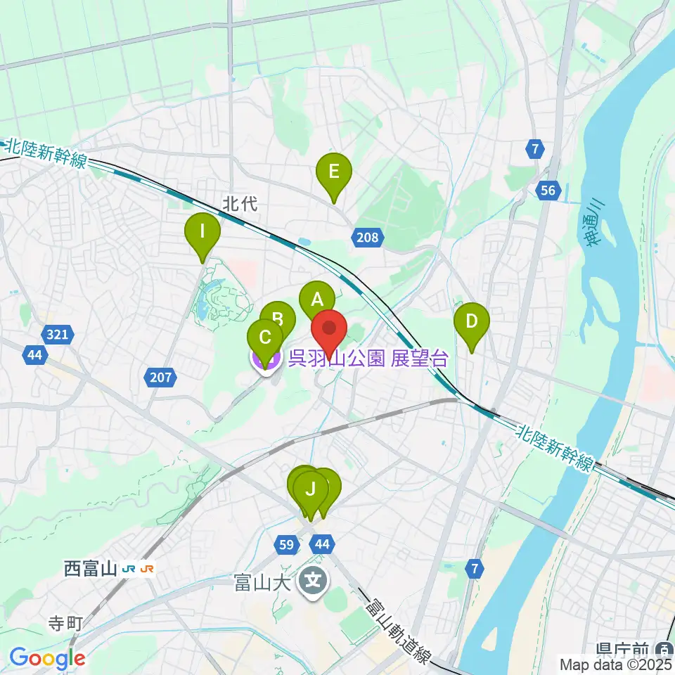 富山市民俗民芸村周辺のファミレス・ファーストフード一覧地図