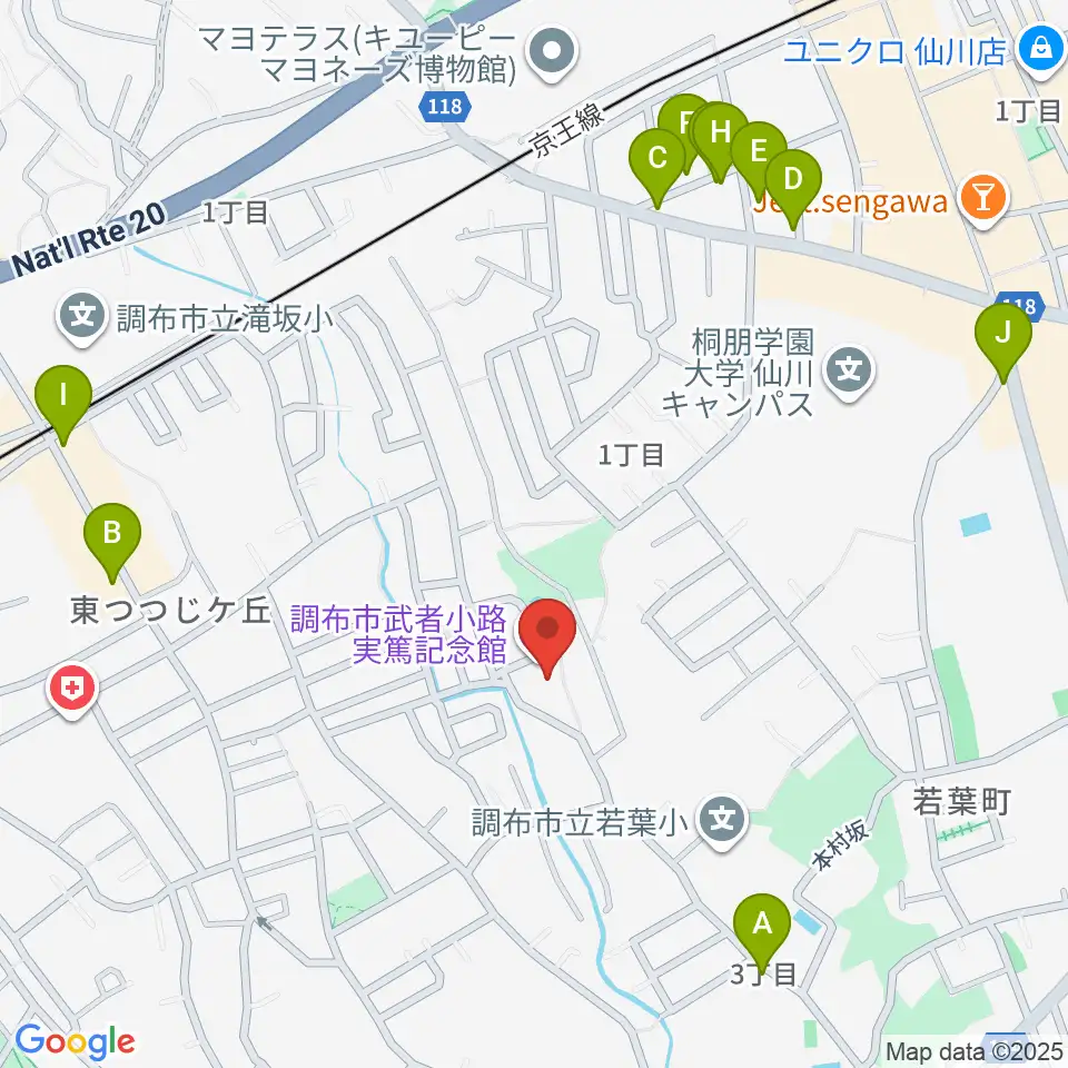 調布市武者小路実篤記念館周辺のファミレス・ファーストフード一覧地図