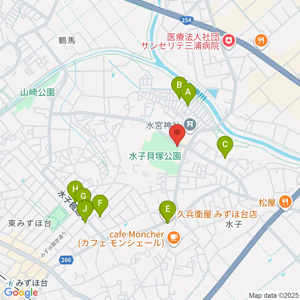 水子貝塚資料館周辺のファミレス・ファーストフード一覧地図