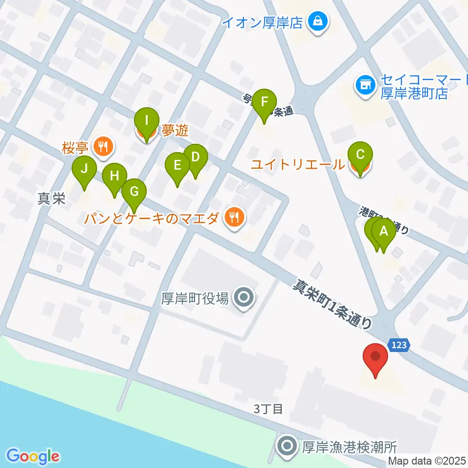 厚岸町海事記念館周辺のファミレス・ファーストフード一覧地図