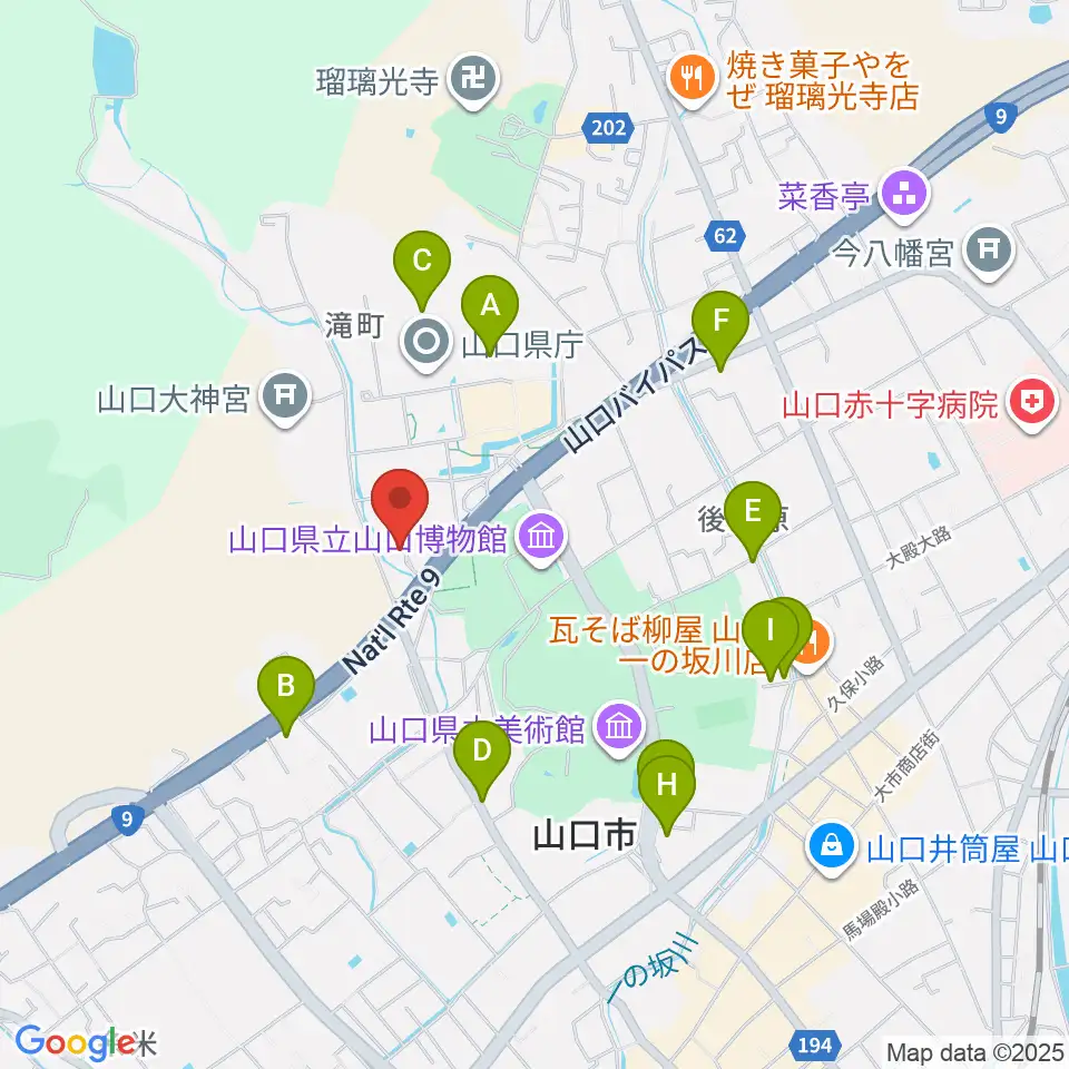 山口市歴史民俗資料館周辺のファミレス・ファーストフード一覧地図