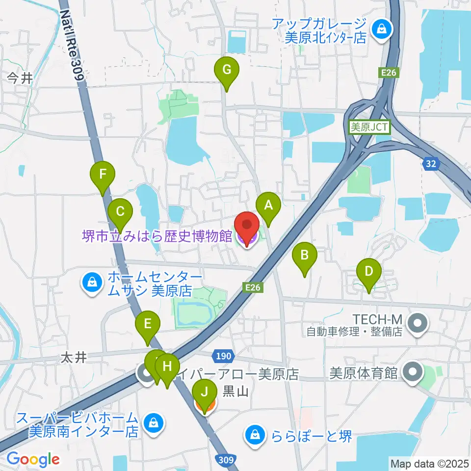 堺市立みはら歴史博物館周辺のファミレス・ファーストフード一覧地図