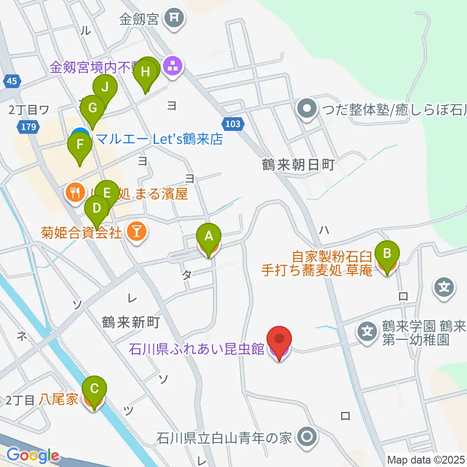 石川県ふれあい昆虫館周辺のファミレス・ファーストフード一覧地図