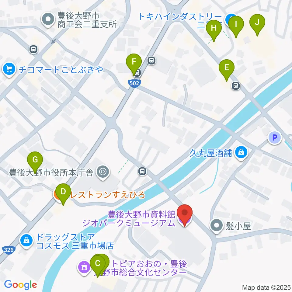 豊後大野市資料館周辺のファミレス・ファーストフード一覧地図