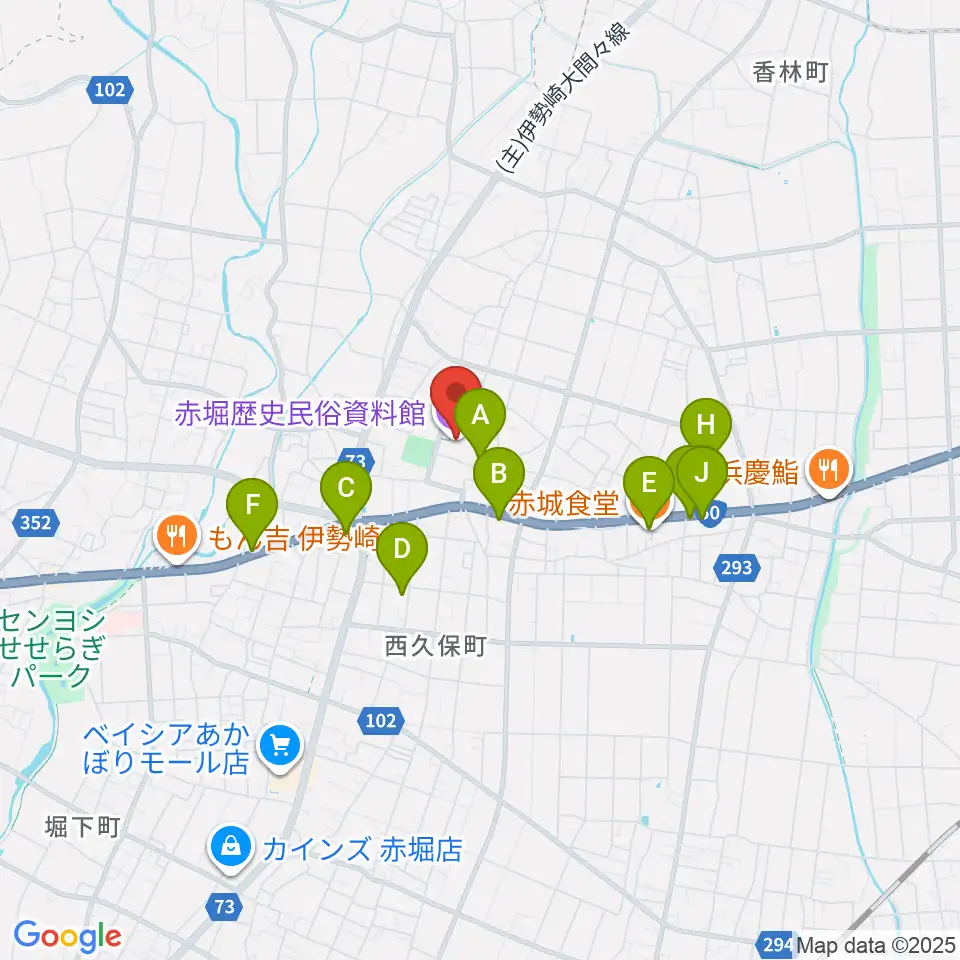 赤堀歴史民俗資料館周辺のファミレス・ファーストフード一覧地図