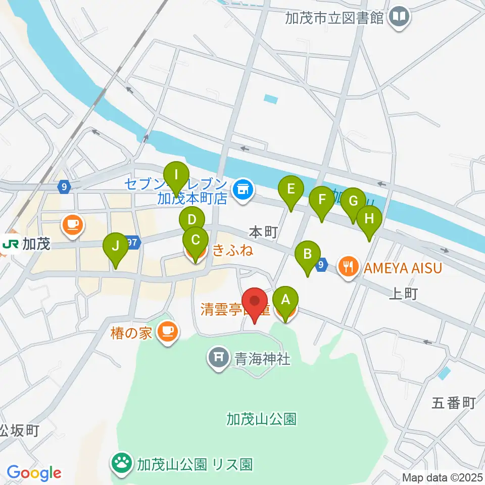 加茂市民俗資料館周辺のファミレス・ファーストフード一覧地図